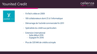 Younited Credit
- FinTech créée en 2009
- 100 collaborateurs dont 25 à l’informatique
- Démarrage de l’activité commerciale fin 2011
- Spécialiste du crédit aux particuliers
- Extension international
- Italie début 2016
- Espagne fin 2016
- Plus de 320 M€ de crédits octroyés
 