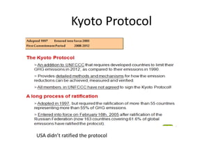 Kyoto Protocol
USA didn’t ratified the protocol
 
