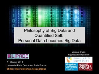 7 February 2014
Université Paris Descartes, Paris France
Slides: http://slideshare.net/LaBlogga
Melanie Swan
m@melanieswan.com
Philosophy of Big Data and
Quantified Self:
Personal Data becomes Big Data
 