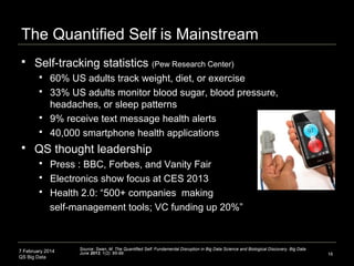 7 February 2014
QS Big Data
The Quantified Self is Mainstream
16
 Self-tracking statistics (Pew Research Center)
 60% US...