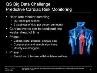 7 February 2014
QS Big Data
QS Big Data Challenge
Predictive Cardiac Risk Monitoring
30
Source: Swan, M. The Quantified Self: Fundamental Disruption in Big Data Science and Biological Discovery. Big Data
June 2013, 1(2): 85-99.
 Heart rate monitor sampling
 250 times per second
 9 gigabytes of data per person per month
 Cardiac events can be predicted two
weeks ahead of time
 Phase I:
 Collect, store, process, analyze data
 Compression and search algorithms
 Identify event triggers
 Phase II
 Predict and intervene with low false-positives
 