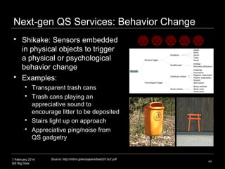 7 February 2014
QS Big Data
Next-gen QS Services: Behavior Change
 Shikake: Sensors embedded
in physical objects to trigg...