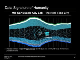 7 February 2014
QS Big Data
Data Signature of Humanity
59
Source: http://senseable.mit.edu/signature-of-humanity/
MIT SENSEable City Lab – the Real-Time City
 Flexible services responding predictively to individual and community-level demand (ex:
pedestrian load)
 