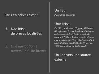 Un lieuPlace de la ConcordeUne brèveEn 1831, le vice-roi d’Egypte, Méhémet Ali, offre à la France les deux obélisques qui marquent l’entrée du temple de Louxor à Thèbes. Seul le premier d’entre eux sera transporté vers la France. C’est Louis-Philippe qui décide de l’ériger en 1836 sur la place de la Concorde.Un lien vers une source externeParis en brèves c’est :Une basede brèves localiséesUne navigation à travers un fil de brèves