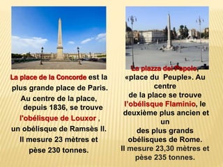 La place de la Concorde est la
plus grande place de Paris.
Au centre de la place,
depuis 1836, se trouve
l'obélisque de Louxor ,
un obélisque de Ramsès II.
Il mesure 23 mètres et
pèse 230 tonnes.
La piazza del Popolo,
«place du Peuple». Au
centre
de la place se trouve
l’obélisque Flaminio, le
deuxième plus ancien et
un
des plus grands
obélisques de Rome.
Il mesure 23,30 mètres et
pèse 235 tonnes.
 
