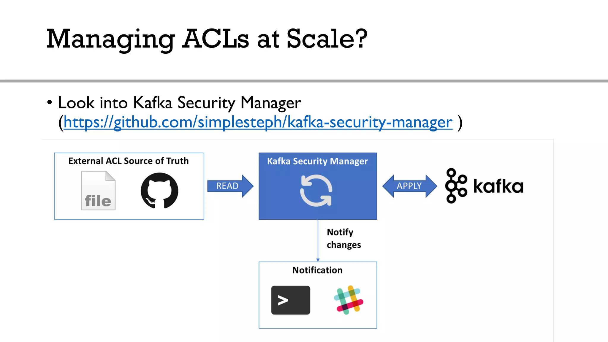 Managing ACLs at Scale?
• Look into Kafka Security Manager
(https://github.com/simplesteph/kafka-security-manager )
 
