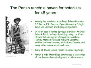 The Parish ranch: a haven for botanists
for 48 years
 Among the notables: Asa Gray, Edward Palmer,
C.C. Parry, E.L. Greene, Cyrus Guernsey Pringle,
John Gill Lemmon and George Engelmann
 In later days Charles Sprague Sargent, Michael
Schuck Bebb, Volney Spaulding, Hugo de Vries,
Ellsworth Huntington, Joseph Nelson Rose,
Harvey Monroe Hall and his wife Carlotta,
William Skinner Cooper, Willis Linn Jepson, and
many others were made welcome.
 Many of these joined Parish in collecting trips.
 Parish's wife Mary Eliza always had a visitor log
of the famous botanical guests at their ranch.
© Project SOUND
http://www.plantsystematics.org/reveal/pb
io/usda/fnach7.html
 