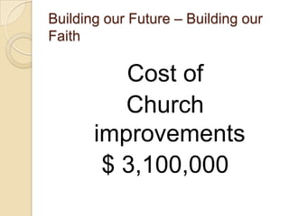 Building our Future – Building our
Faith

          Cost of
          Church
       improvements
        $ 3,100,000
 