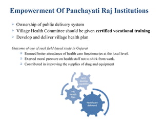 Empowerment Of Panchayati Raj Institutions
   Ownership of public delivery system
   Village Health Committee should be given certified vocational training
   Develop and deliver village health plan

Outcome of one of such field based study in Gujarat
      Ensured better attendance of health care functionaries at the local level.

      Exerted moral pressure on health staff not to shirk from work.

      Contributed in improving the supplies of drug and equipment
 