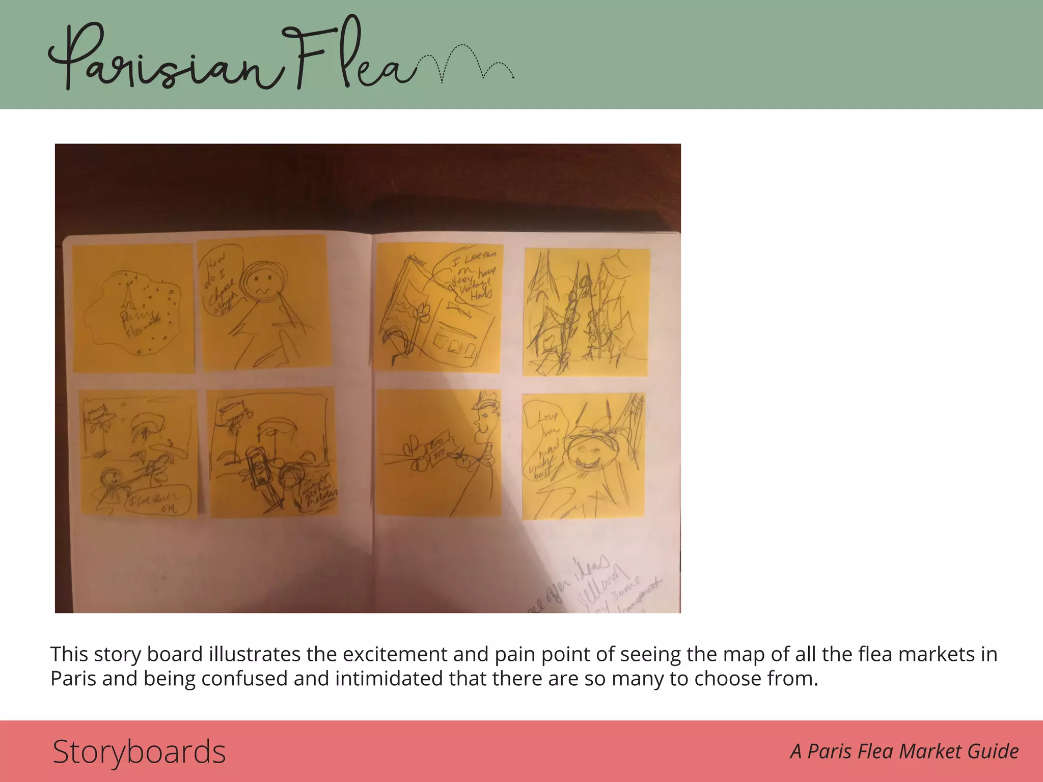 Storyboards A Paris Flea Market Guide
a mobile phone. The method also provides explicit direction on how to make use of Android
design patterns in Google Material Design.
The prototypes shown below were done in a workshop taken on September 17, 2015 in
Dallas. They represent the initial task flow of plan, browse and join from the homepage of
the app.
This storyboard illustrates the excitement and also pain point of seeing the map of all the flea
markets in Paris and being confused that there are so many to choose from. The user’s desire
This story board illustrates the excitement and pain point of seeing the map of all the flea markets in
Paris and being confused and intimidated that there are so many to choose from.
 