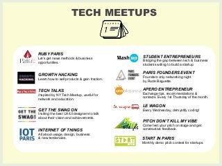 TECH MEETUPS 
RUBY PARIS 
Let’s get news methods & business 
opportunities. 
GROWTH HACKING 
Learn how to sell products & ...