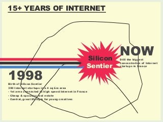 15+ YEARS OF INTERNET 
Silicon 
Sentier 
NOW 
Still the biggest 
concentration of Internet 
startups in France 
1998 
Birt...