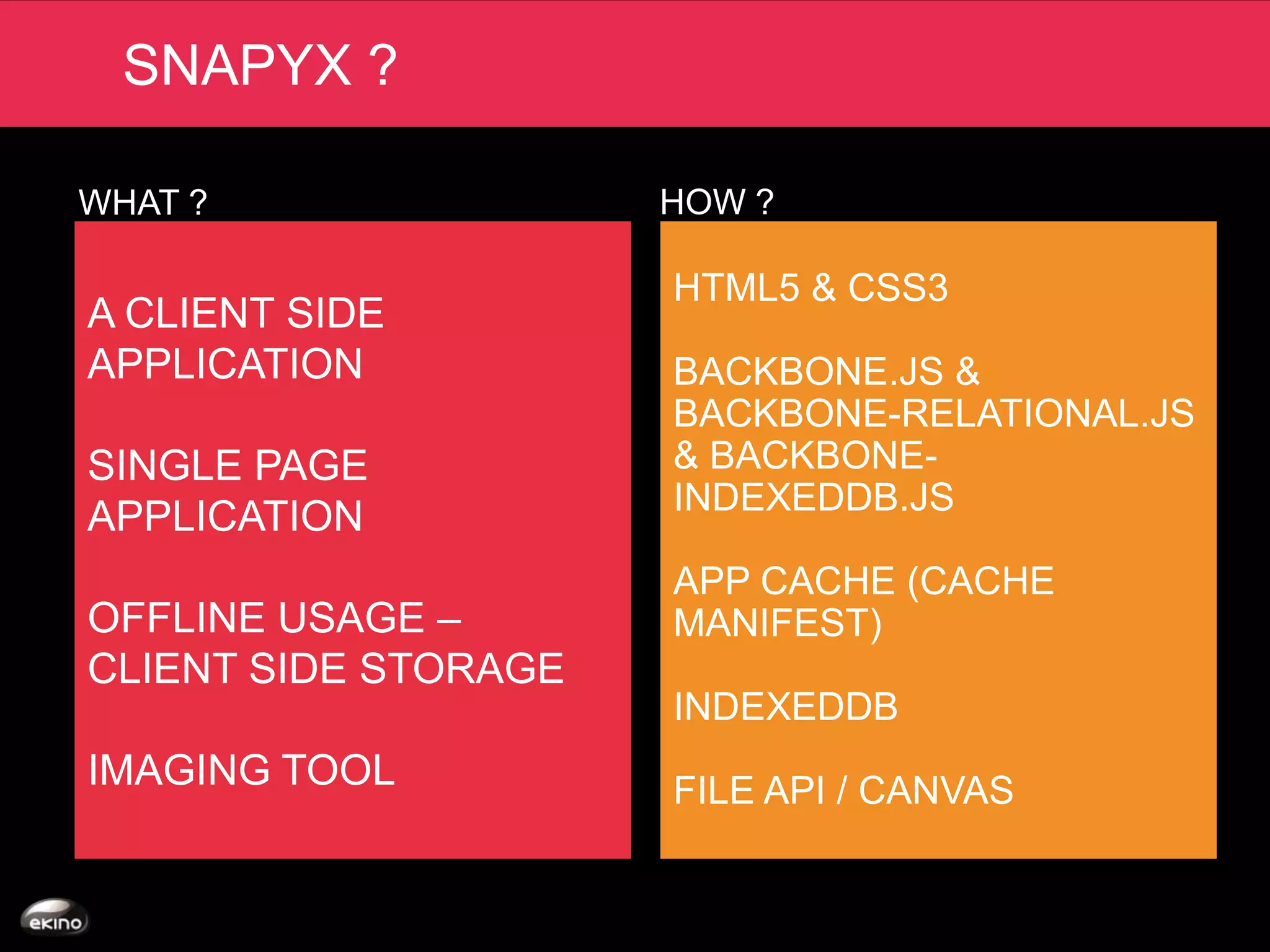 SNAPYX ?

WHAT ?                HOW ?

                      HTML5 & CSS3
A CLIENT SIDE
APPLICATION           BACKBONE.JS &
                      BACKBONE-RELATIONAL.JS
SINGLE PAGE           & BACKBONE-
                      INDEXEDDB.JS
APPLICATION
                      APP CACHE (CACHE
OFFLINE USAGE –       MANIFEST)
CLIENT SIDE STORAGE
                      INDEXEDDB
IMAGING TOOL          FILE API / CANVAS
 