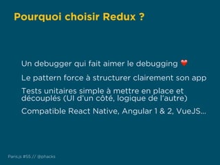 Pourquoi choisir Redux ?
Paris.js #55 // @phacks
Un debugger qui fait aimer le debugging ❤
Le pattern force à structurer clairement son app
Tests unitaires simple à mettre en place et
découplés (UI d’un côté, logique de l’autre)
Compatible React Native, Angular 1 & 2, VueJS…
 