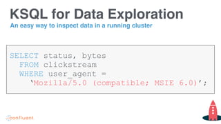 KSQL for Data Exploration
SELECT status, bytes
FROM clickstream
WHERE user_agent =
‘Mozilla/5.0 (compatible; MSIE 6.0)’;
An easy way to inspect data in a running cluster
 