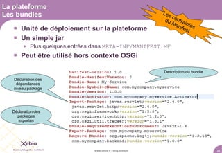 La plateforme
Les bundles                                                     Les
                                                                    c
                                                                 du ontra
                                                                    Ma inte
                                                                      nife s
    Unité de déploiement sur la plateforme                               st
    Un simple jar
           Plus quelques entrées dans META-INF/MANIFEST.MF
    Peut être utilisé hors contexte OSGi
                                                                Description du bundle
   Déclaration des
    dépendances
   niveau package




  Déclaration des
    packages
     exportés




                                 www.xebia.fr / blog.xebia.fr                           23
 