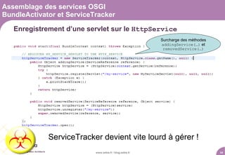 Assemblage des services OSGI
BundleActivator et ServiceTracker

   Enregistrement d’une servlet sur le HttpService
                                                          Surcharge des méthodes
                                                          addingService(…) et
                                                           removedService(…)




             ServiceTracker devient vite lourd à gérer !
                           www.xebia.fr / blog.xebia.fr                            34
 