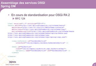 Assemblage des services OSGI
Spring DM

     En cours de standardisation pour OSGi R4.2
        RFC 124




                           www.xebia.fr / blog.xebia.fr   38
 