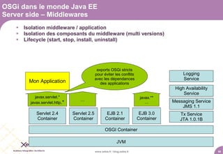 OSGi dans le monde Java EE
Server side – Middlewares
      Isolation middleware / application
      Isolation des composants du middleware (multi versions)
      Lifecycle (start, stop, install, uninstall)




                                               exports OSGi stricts
                                              pour éviter les conflits                        Logging
                                              avec les dépendances                            Service
         Mon Application                         des applications
                                                                                          High Availability
                                                                                              Service
            javax.servlet.*                                                   javax.**
                                    …                                                    Messaging Service
         javax.servlet.http.*                                                    …
                                                                                             JMS 1.1
            Servlet 2.4         Servlet 2.5            EJB 2.1                EJB 3.0       Tx Service
            Container           Container             Container              Container      JTA 1.0.1B

                                                      OSGI Container

                                                               JVM

                                              www.xebia.fr / blog.xebia.fr                                    50
 