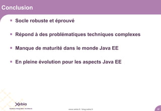 Conclusion

   Socle robuste et éprouvé

   Répond à des problématiques techniques complexes

   Manque de maturité dans le monde Java EE

   En pleine évolution pour les aspects Java EE




                          www.xebia.fr / blog.xebia.fr   57
 
