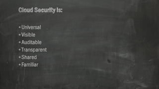 CloudSecurityis:
•Universal
•Visible
•Auditable
•Transparent
•Shared
•Familiar
 