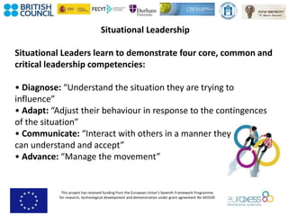 This project has received funding from the European Union’s Seventh Framework Programme
for research, technological development and demonstration under grant agreement No 643330
Situational Leadership
Situational Leaders learn to demonstrate four core, common and
critical leadership competencies:
• Diagnose: “Understand the situation they are trying to
influence”
• Adapt: “Adjust their behaviour in response to the contingences
of the situation”
• Communicate: “Interact with others in a manner they
can understand and accept”
• Advance: “Manage the movement”
 