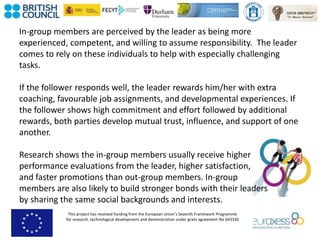 This project has received funding from the European Union’s Seventh Framework Programme
for research, technological development and demonstration under grant agreement No 643330
In-group members are perceived by the leader as being more
experienced, competent, and willing to assume responsibility. The leader
comes to rely on these individuals to help with especially challenging
tasks.
If the follower responds well, the leader rewards him/her with extra
coaching, favourable job assignments, and developmental experiences. If
the follower shows high commitment and effort followed by additional
rewards, both parties develop mutual trust, influence, and support of one
another.
Research shows the in-group members usually receive higher
performance evaluations from the leader, higher satisfaction,
and faster promotions than out-group members. In-group
members are also likely to build stronger bonds with their leaders
by sharing the same social backgrounds and interests.
 