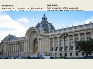 Sous Napoléon III, le préfet de la Seine, le
baron Haussmann a donné naissance à une
transformation total de la ville, proposant
d'isoler les grands bâtiments et des casernes
pour les rendre plus agréables à l'œil,
permettre un accès facile sur les jours de
fête, la simplification de la défense dans les
jours d'émeutes, d'améliorer la santé,
détruire les rues et les centres de l'épidémie
(dans le centre-ville) infectées, faciliter
l'entrée et la sortie des stations de chemin de
fer.
Assurer la paix publique avec la création de la
large boulevard pour facilité le passage des
troupes militaires.
Ce faisant, il a changé la déchirure historique
et irréparable face du tissu ancien.
Under Napoleon III, the prefect of the Seine,
Baron Haussmann gave birth to a total
transformation of the city, proposing to
isolate large buildings and barracks to make
them more pleasing to the eye,
allow easy access on holidays, simplifying the
defense in days of rioting, improve health,
streets and destroy the centers of the
epidemic (in the downtown) infected,
facilitate inlet and outlet of the railway
stations.
Ensure public peace with the creation of the
wide boulevard to ease the passage of
military troops.
In doing so, he changed the historical and
irreparable tear of the old urban system.
 