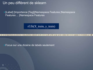 Un peu différent de sklearn 
12 
[Label] [Importance [Tag]]|Namespace Features |Namespace 
Features ... |Namespace Features 
rf.fit(X_train, y_train) 
Focus sur une dizaine de labels seulement 
 