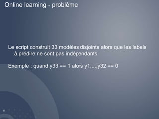 Online learning - problème 
9 
Le script construit 33 modèles disjoints alors que les labels 
à prédire ne sont pas indépendants 
Exemple : quand y33 == 1 alors y1,...,y32 == 0 
 