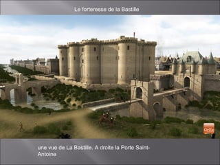 une vue de La Bastille. A droite la Porte Saint-
Antoine
Le forteresse de la Bastille
 