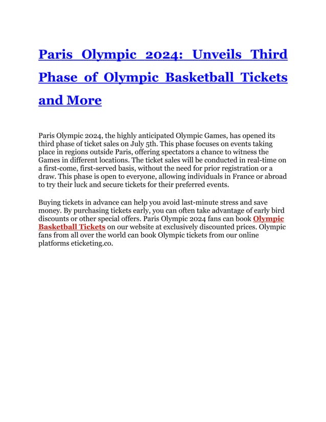 Paris Olympic 2024 Unveils Third Phase of Olympic Basketball Tickets