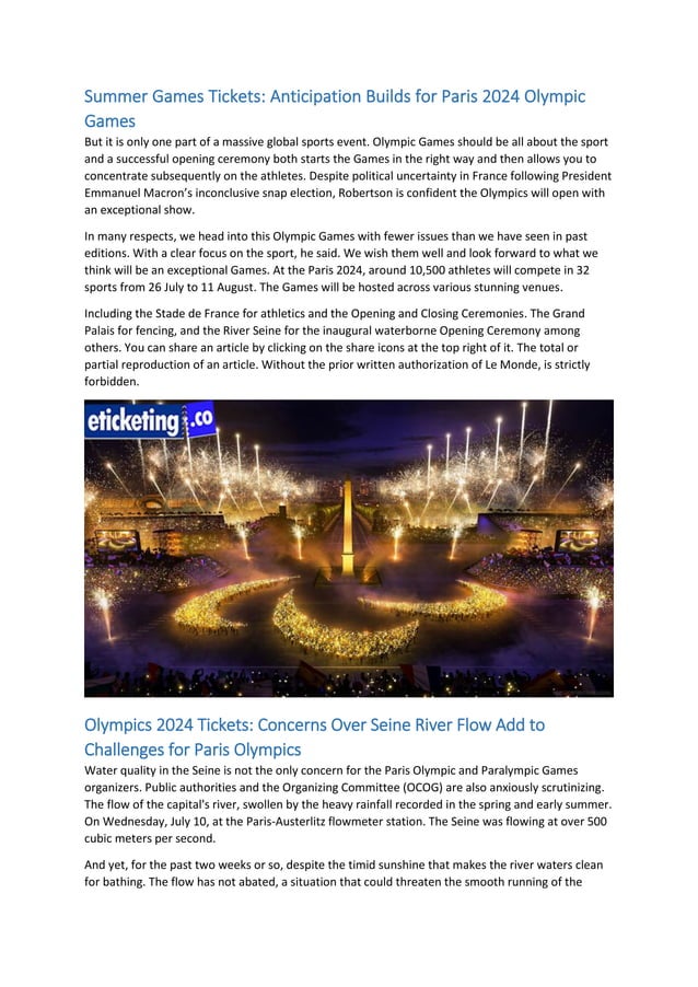 Paris Olympics Tickets Unprecedented Opening Ceremony for Paris 2024 Olympics PDF