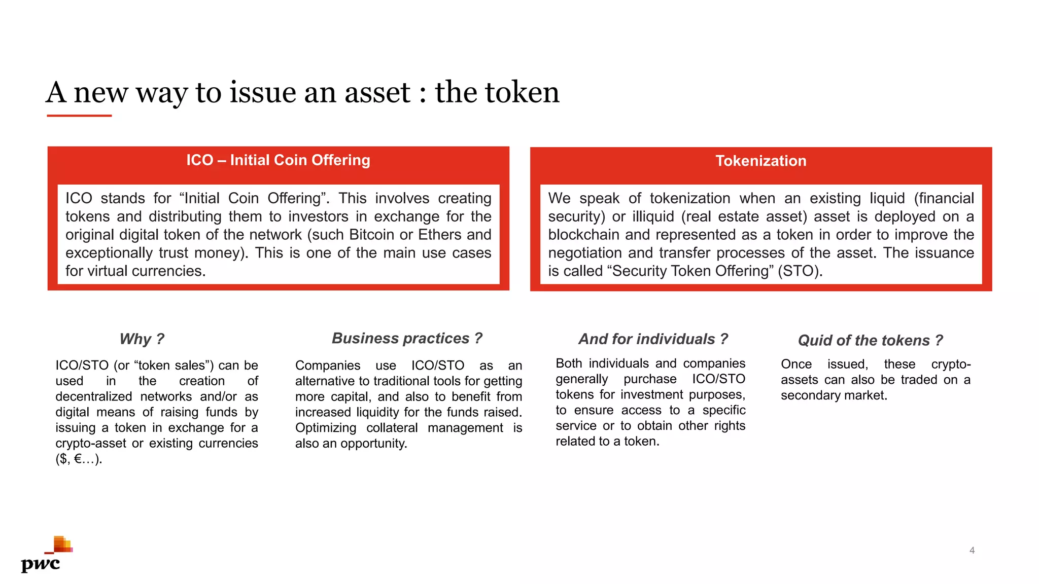 A new way to issue an asset : the token
TokenizationICO – Initial Coin Offering
ICO stands for “Initial Coin Offering”. This involves creating
tokens and distributing them to investors in exchange for the
original digital token of the network (such Bitcoin or Ethers and
exceptionally trust money). This is one of the main use cases
for virtual currencies.
1
Why ? Business practices ? And for individuals ? Quid of the tokens ?
ICO/STO (or “token sales”) can be
used in the creation of
decentralized networks and/or as
digital means of raising funds by
issuing a token in exchange for a
crypto-asset or existing currencies
($, €…).
Companies use ICO/STO as an
alternative to traditional tools for getting
more capital, and also to benefit from
increased liquidity for the funds raised.
Optimizing collateral management is
also an opportunity.
Both individuals and companies
generally purchase ICO/STO
tokens for investment purposes,
to ensure access to a specific
service or to obtain other rights
related to a token.
Once issued, these crypto-
assets can also be traded on a
secondary market.
We speak of tokenization when an existing liquid (financial
security) or illiquid (real estate asset) asset is deployed on a
blockchain and represented as a token in order to improve the
negotiation and transfer processes of the asset. The issuance
is called “Security Token Offering” (STO).
4
 