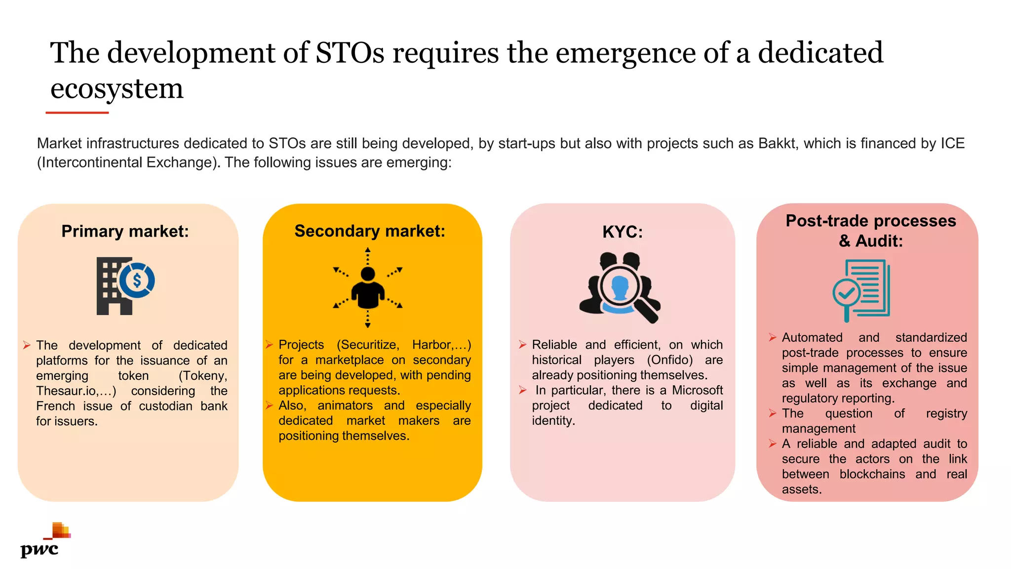 The development of STOs requires the emergence of a dedicated
ecosystem
8
Market infrastructures dedicated to STOs are still being developed, by start-ups but also with projects such as Bakkt, which is financed by ICE
(Intercontinental Exchange). The following issues are emerging:
Primary market: Secondary market: KYC:
Post-trade processes
& Audit:
 The development of dedicated
platforms for the issuance of an
emerging token (Tokeny,
Thesaur.io,…) considering the
French issue of custodian bank
for issuers.
 Projects (Securitize, Harbor,…)
for a marketplace on secondary
are being developed, with pending
applications requests.
 Also, animators and especially
dedicated market makers are
positioning themselves.
 Reliable and efficient, on which
historical players (Onfido) are
already positioning themselves.
 In particular, there is a Microsoft
project dedicated to digital
identity.
 Automated and standardized
post-trade processes to ensure
simple management of the issue
as well as its exchange and
regulatory reporting.
 The question of registry
management
 A reliable and adapted audit to
secure the actors on the link
between blockchains and real
assets.
 