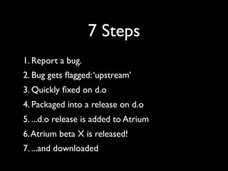7 Steps
1. Report a bug.
2. Bug gets ﬂagged: ‘upstream’
3. Quickly ﬁxed on d.o
4. Packaged into a release on d.o
5. ...d.o release is added to Atrium
6. Atrium beta X is released!
7. ...and downloaded
 