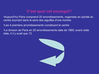 C’est quoi cet escargot? Aujourd’hui Paris comprend 20 arrondissements, organisés en spirale du centre  tournant dans le sens des aiguilles d'une montre. Les 4 premiers arrondissements constituent le centre La division de Paris en 20 arrondissements date de 1860; avant cette date, il n’y avait que 12. 
