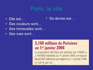 Paris: la ville Elle est… Ses couleurs sont… Ses immeubles sont… Ses rues sont… Sa devise est… 