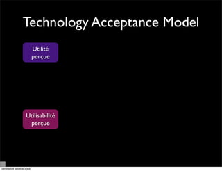 Technology Acceptance Model
                          Utilité
                          perçue




                   Utilisabilité
                    perçue




vendredi 9 octobre 2009
 