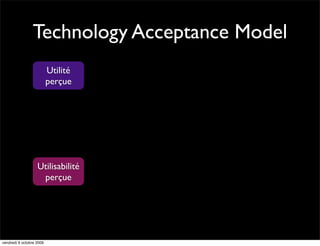 Technology Acceptance Model
                          Utilité
                          perçue




                   Utilisabilité
                    perçue




vendredi 9 octobre 2009
 