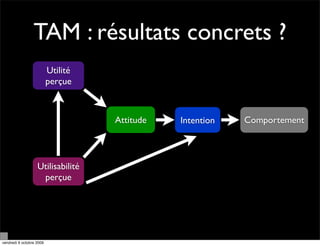 TAM : résultats concrets ?
                          Utilité
                          perçue



                                    Attitude   Intention   Comportement



                   Utilisabilité
                    perçue




vendredi 9 octobre 2009
 