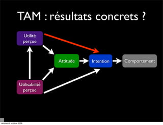 TAM : résultats concrets ?
                          Utilité
                          perçue



                                    Attitude   Intention   Comportement



                   Utilisabilité
                    perçue




vendredi 9 octobre 2009
 
