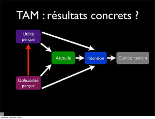 TAM : résultats concrets ?
                          Utilité
                          perçue



                                    Attitude   Intention   Comportement



                   Utilisabilité
                    perçue




vendredi 9 octobre 2009
 