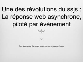 Une des révolutions du ssjs :
La réponse web asynchrone,
piloté par évènement
0_0
Pas de crainte, il y a des schémas sur la page suivante
 