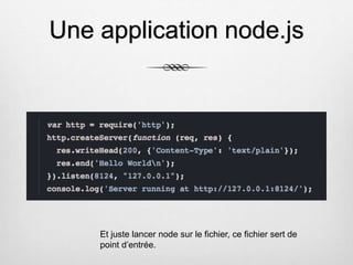 Une application node.js
Et juste lancer node sur le fichier, ce fichier sert de
point d’entrée.
 