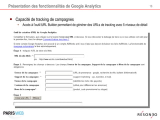 Présentation des fonctionnalités de Google Analytics Capacité de tracking de campagnes Accès à l’outil URL Builder permettant de générer des URLs de tracking avec 5 niveaux de détail 