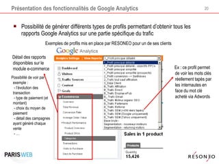 Présentation des fonctionnalités de Google Analytics Possibilité de générer différents types de profils permettant d’obtenir tous les rapports Google Analytics sur une partie spécifique du trafic Exemples de profils mis en place par RESONEO pour un de ses clients Ex : ce profil permet de voir les mots clés réellement tapés par les internautes en face du mot clé acheté via Adwords Détail des rapports disponibles sur le module e-commerce Possibilité de voir par exemple :  - l’évolution des transaction   - type de paiement (et montant)  - choix du moyen de paiement  - détail des campagnes ayant généré chaque vente  - … 