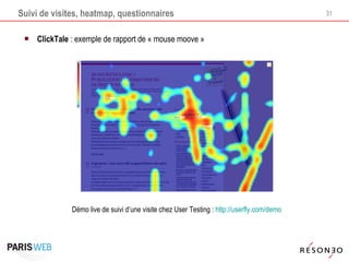 Suivi de visites, heatmap, questionnaires ClickTale  : exemple de rapport de « mouse moove » Démo live de suivi d’une visite chez User Testing :  http://userfly.com/demo 