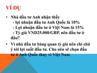 VÍ DỤ
• Nhà đầu tư Anh nhận thấy
- lợi nhuận đầu tư Anh Quốc là 10%
- Lợi nhuận đầu tư ở Việt Nam là 15%
- Tỷ giá VND25.000/GBP, nên đầu tư ở
đâu?
• Vì nhà đầu tư bàng quan tỷ giá nên chỉ chú
ý tới lợi suất đầu tư. Cho nên sẽ chọn đầu
tư ở Anh Quốc thay vì Việt Nam.
 