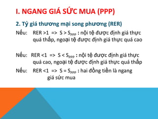 I. NGANG GIÁ SỨC MUA (PPP)
2. Tỷ giá thương mại song phương (RER)
Nếu: RER >1 => S > SPPP : nội tệ được định giá thực
quá thấp, ngoại tệ được định giá thực quá cao
Nếu: RER <1 => S < SPPP : nội tệ được định giá thực
quá cao, ngoại tệ được định giá thực quá thấp
Nếu: RER <1 => S = SPPP : hai đồng tiền là ngang
giá sức mua
 